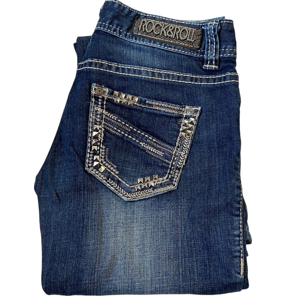 ROCK AND ROLL COWGIRL Bootcut Jeans Low Rise Metal Rivets Blue Size 27
